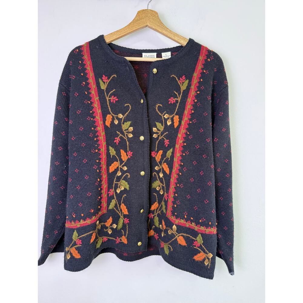 Vintage Classic Elements Embroidered Cardigan Floral Cottagecore Sweater Large
